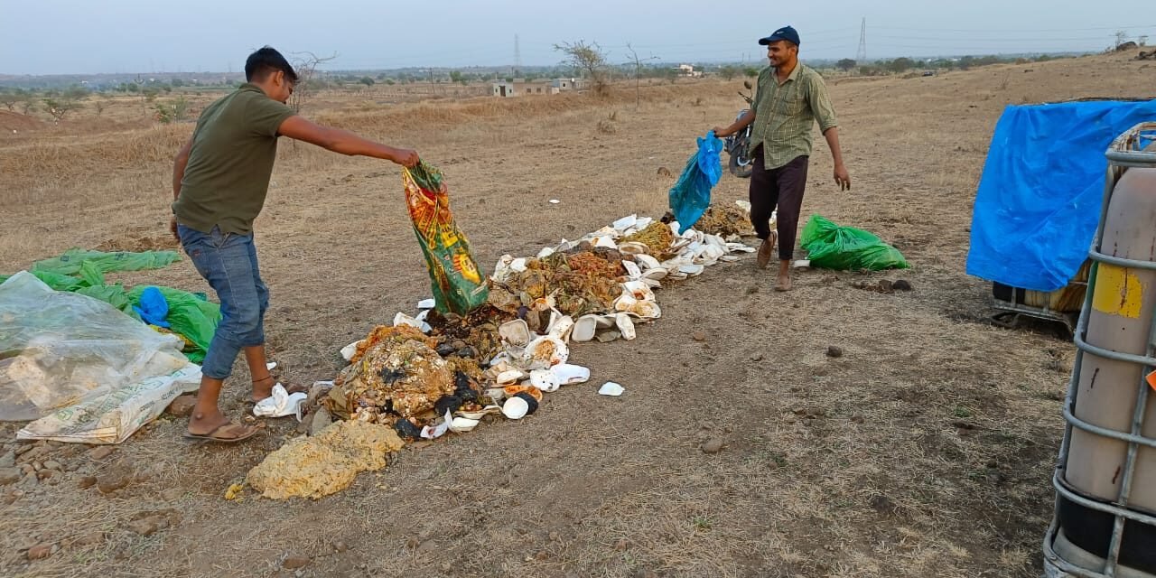 Preparation of kitchen waste bed at Siddhesh Sakore Farm for making compost manure.